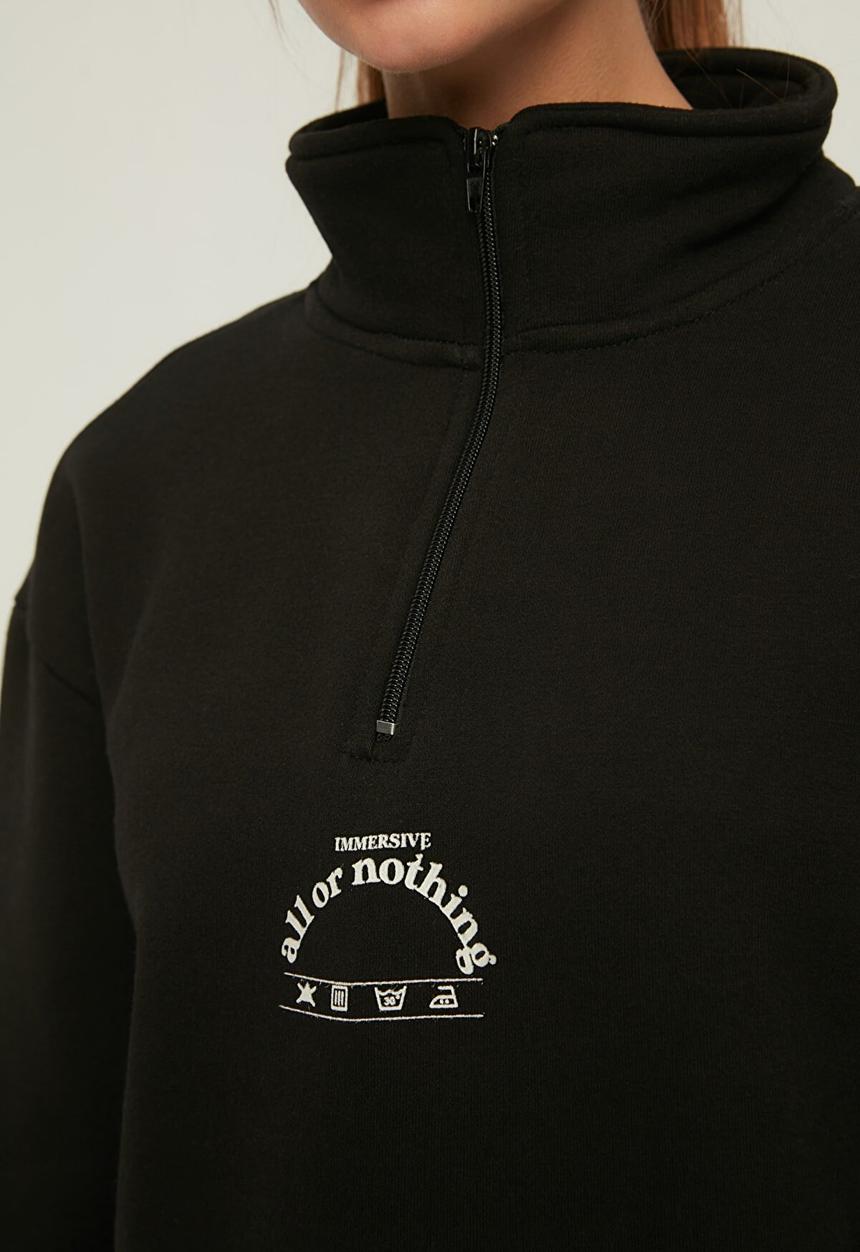 Trendyol - Polo neck oversize raised knitted sweatshirt - black