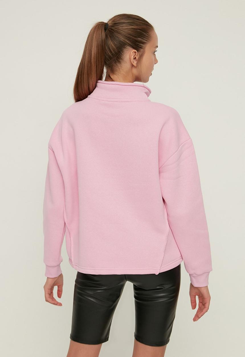 Trendyol - Polo neck oversize raised knitted sweatshirt - pink