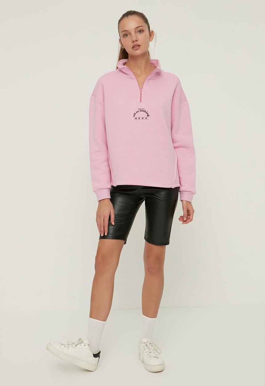 Trendyol - Polo neck oversize raised knitted sweatshirt - pink