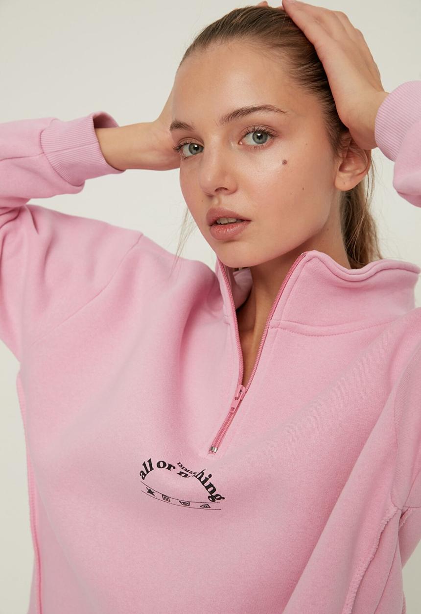 Trendyol - Polo neck oversize raised knitted sweatshirt - pink