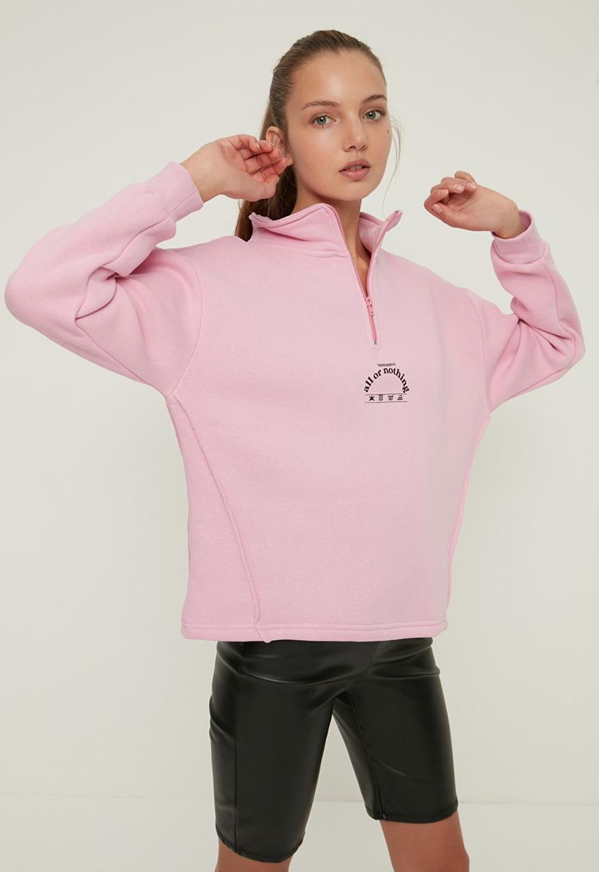 Trendyol - Polo neck oversize raised knitted sweatshirt - pink