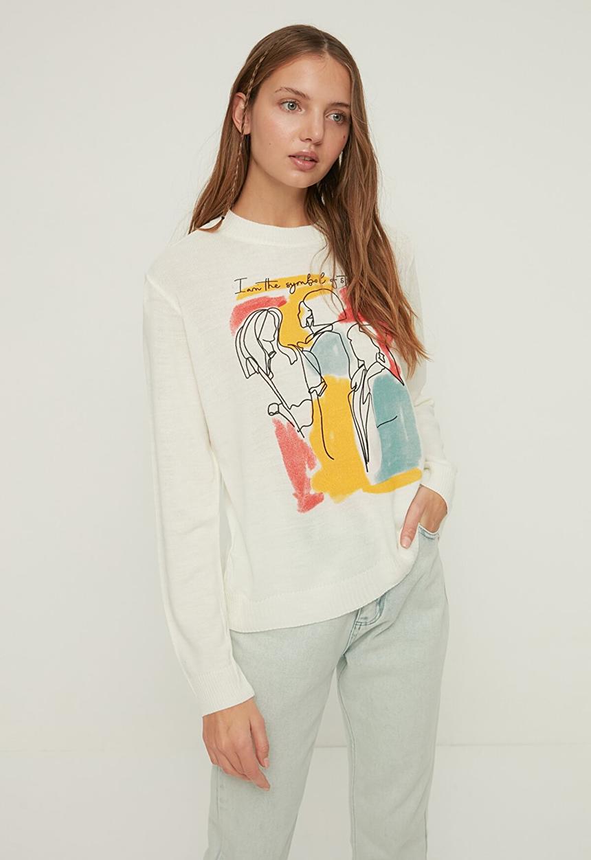 Trendyol - Print detailed knitwear sweater - ecru