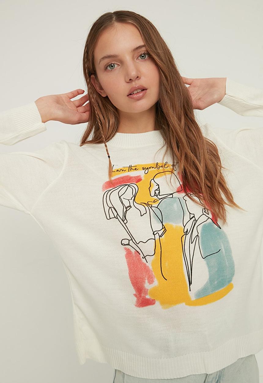 Trendyol - Print detailed knitwear sweater - ecru