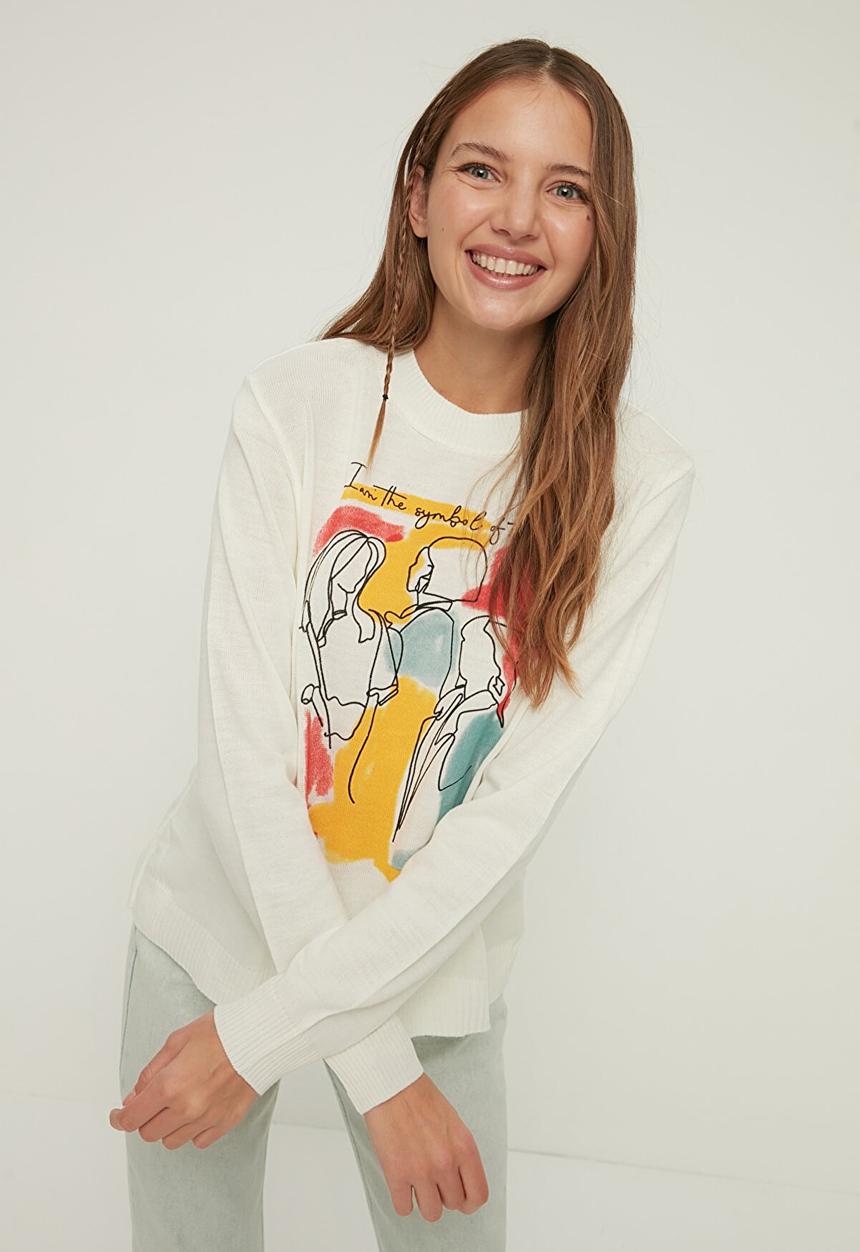 Trendyol - Print detailed knitwear sweater - ecru