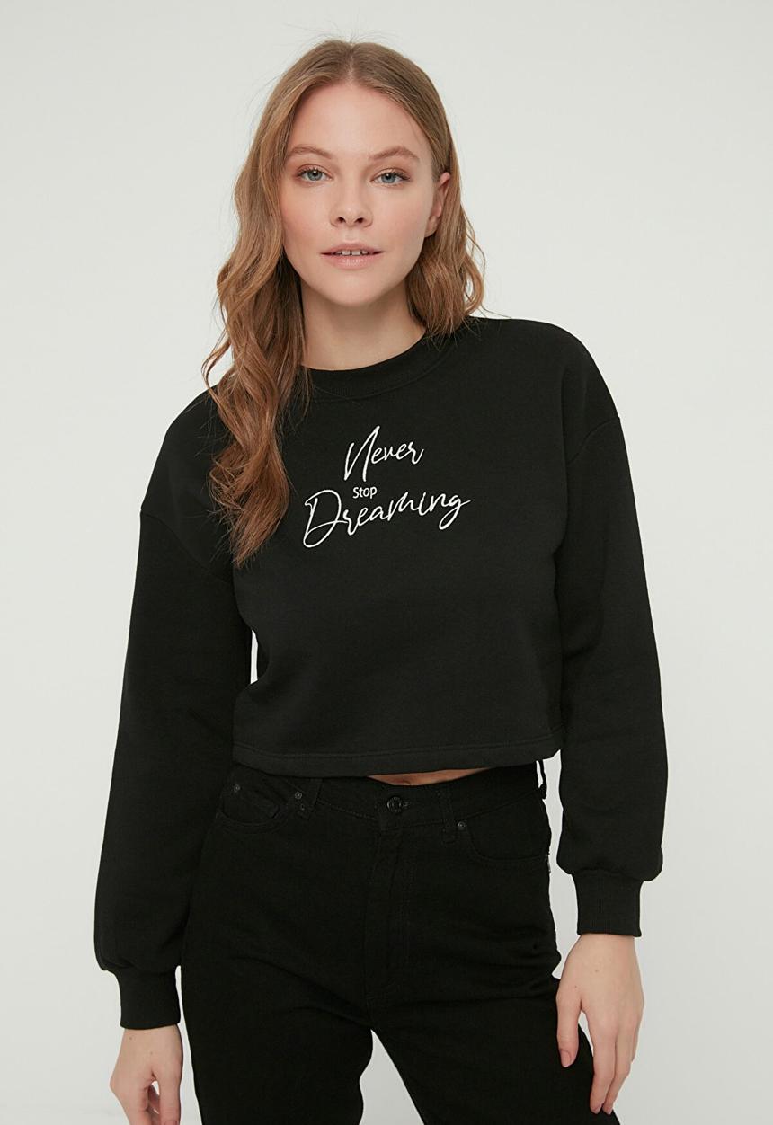 Trendyol - Crop print raised knitted sweatshirt - black
