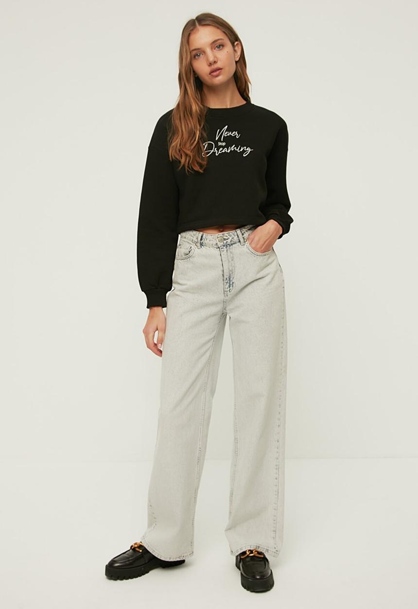 Trendyol - Crop print raised knitted sweatshirt - black