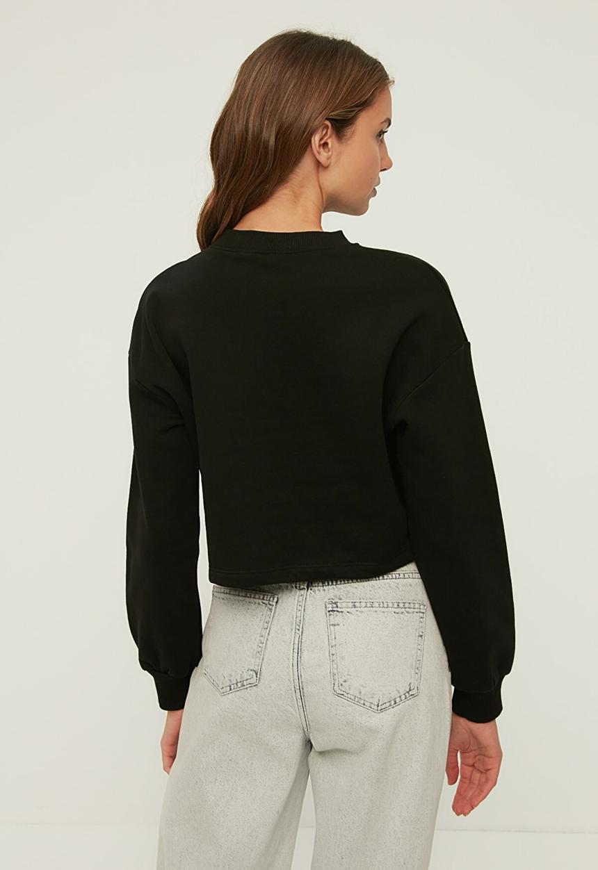 Trendyol - Crop print raised knitted sweatshirt - black