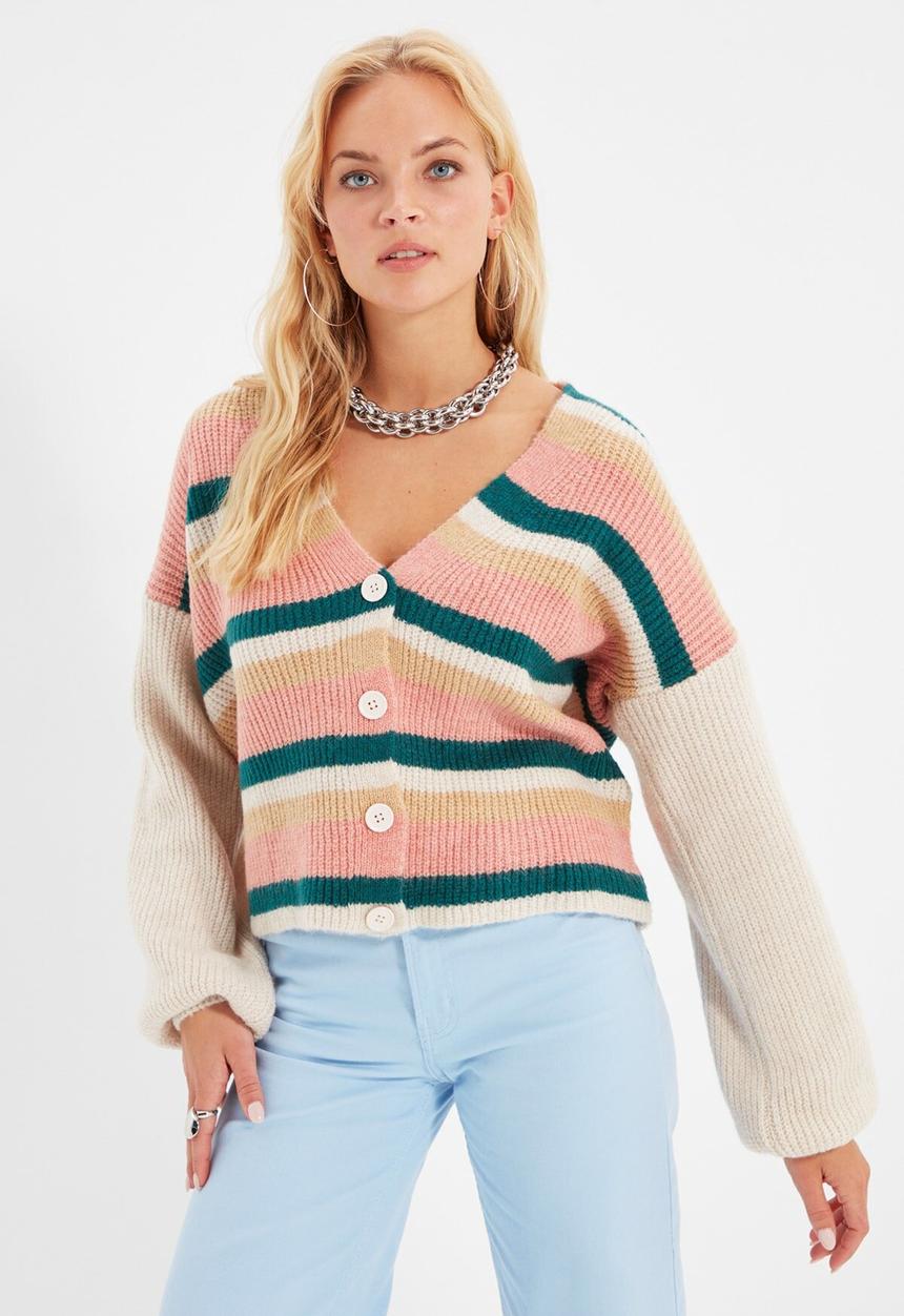 Trendyol - Striped knitwear cardigan - stone