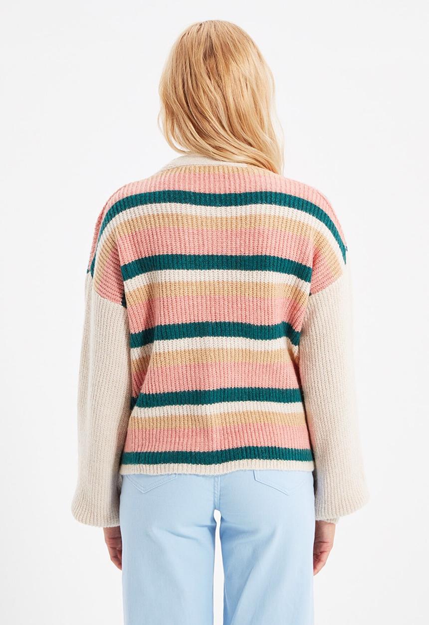 Trendyol - Striped knitwear cardigan - stone