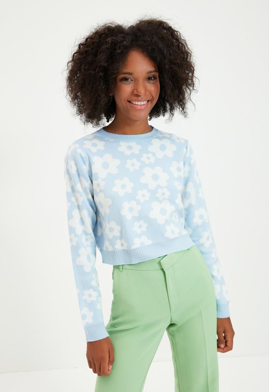 Trendyol - Jacquard crop knitwear sweater - light blue