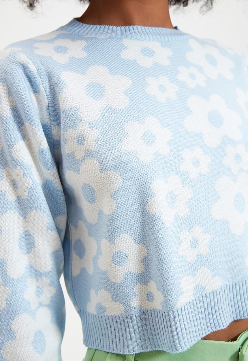 Trendyol - Jacquard crop knitwear sweater - light blue