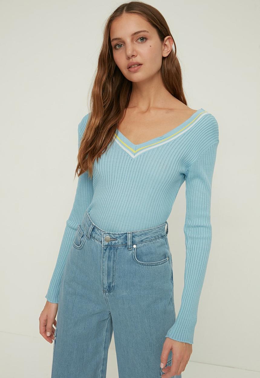 Trendyol - Double breasted collar knitwear sweater - light blue
