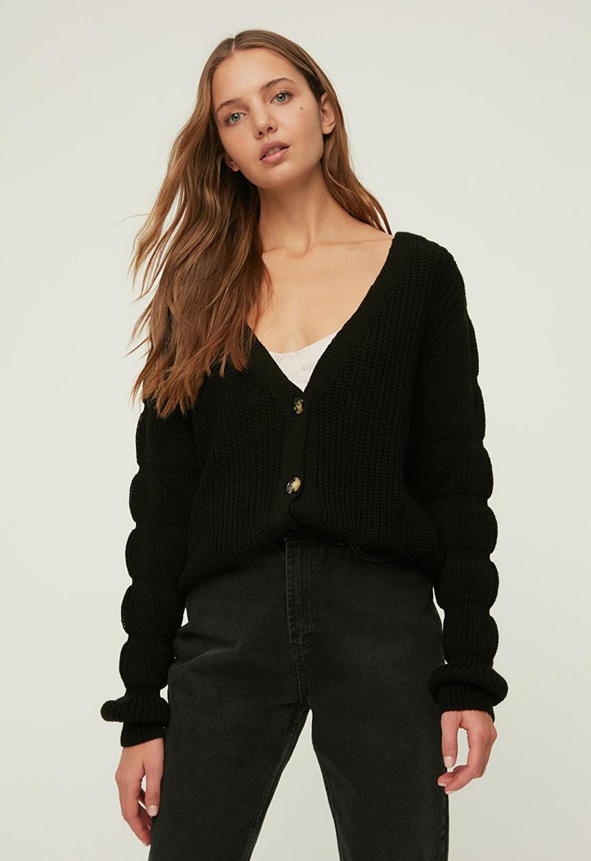 Trendyol - Sleeve detailed oversized knitwear cardigan - black