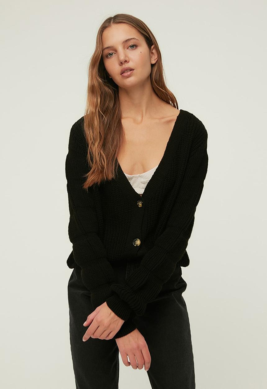 Trendyol - Sleeve detailed oversized knitwear cardigan - black