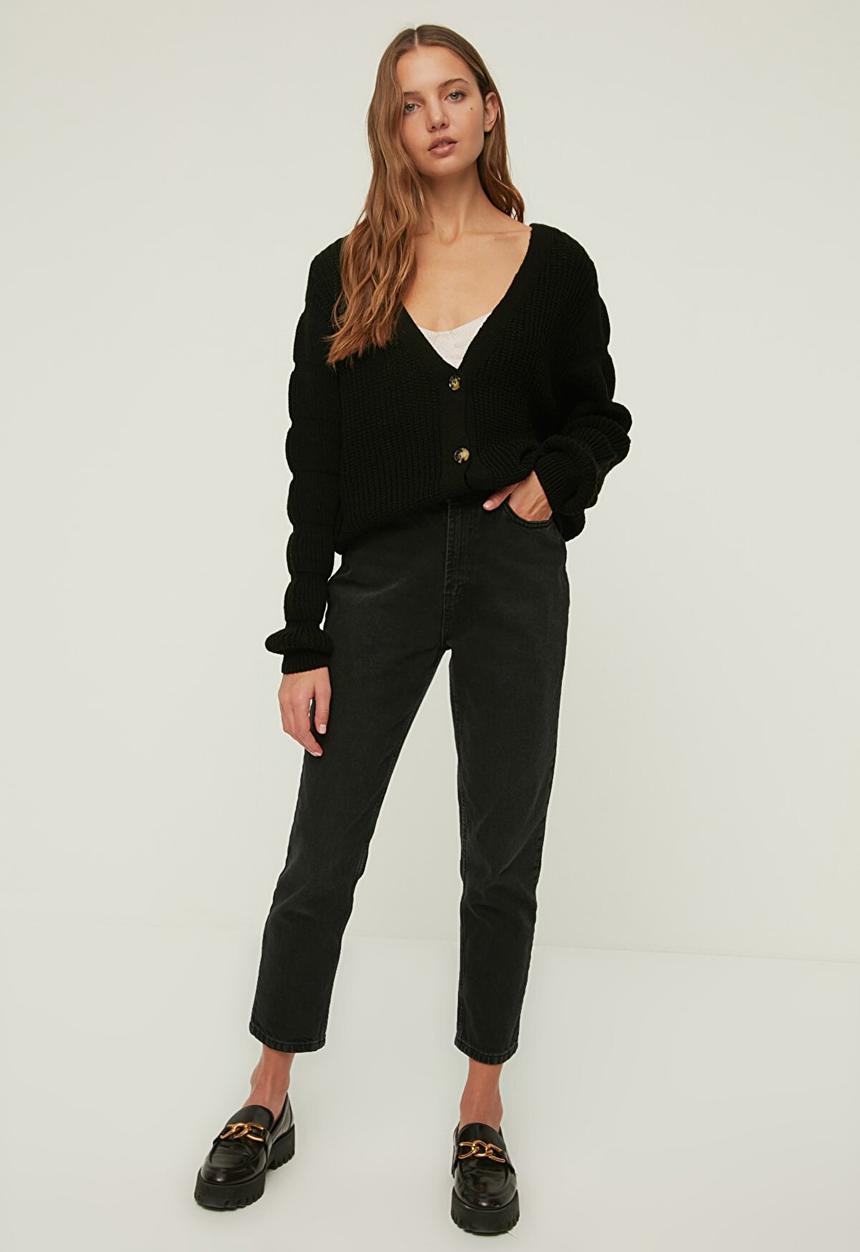 Trendyol - Sleeve detailed oversized knitwear cardigan - black