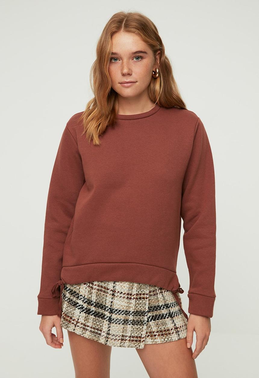 Trendyol - Ruffle detailed raised basic knitted sweatshirt - brown