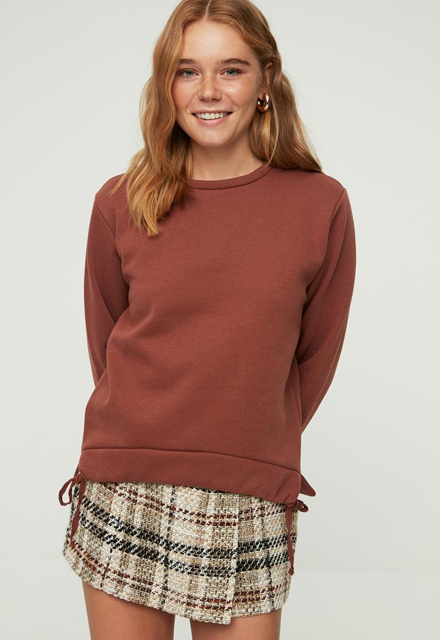 Trendyol - Ruffle detailed raised basic knitted sweatshirt - brown