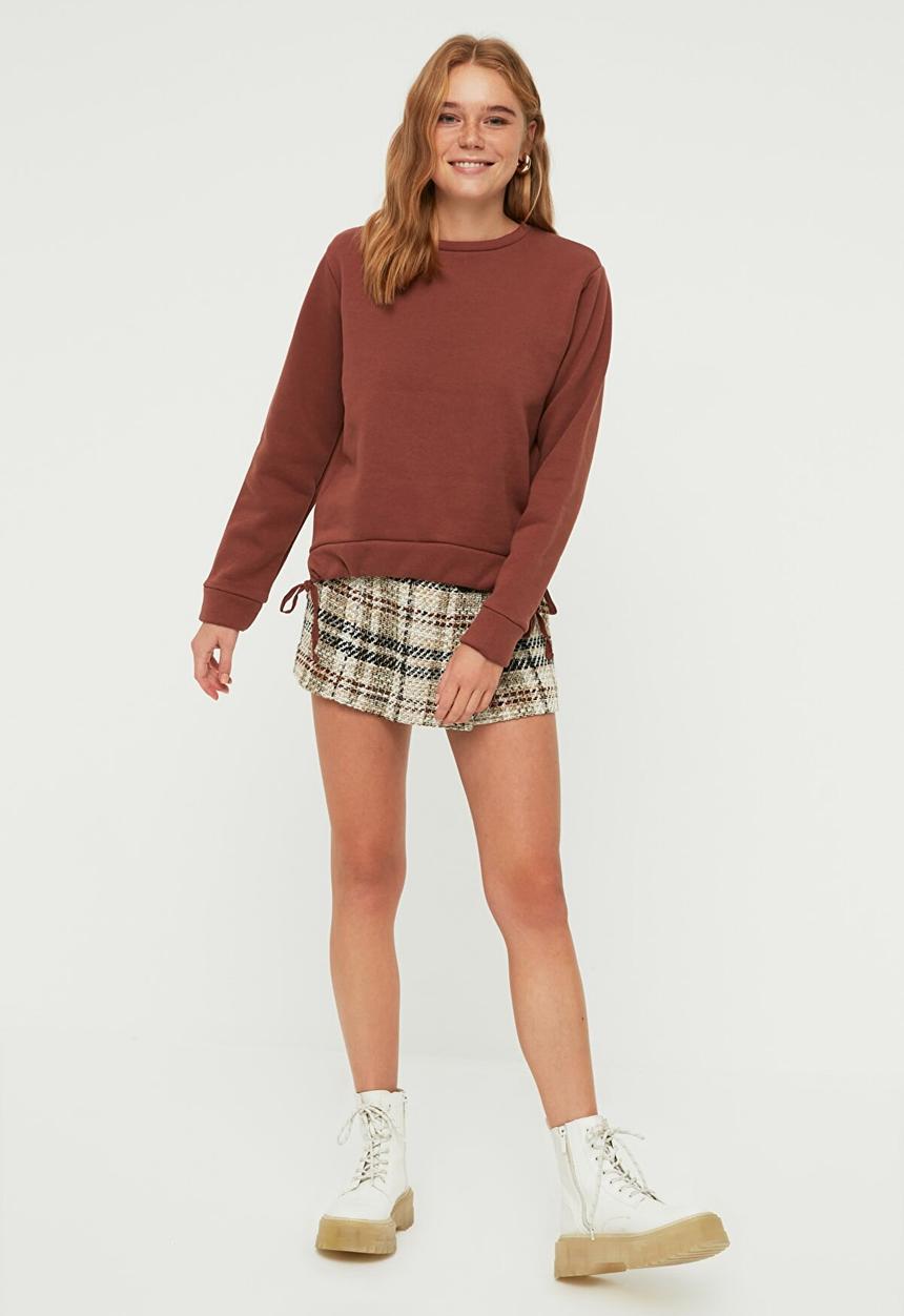 Trendyol - Ruffle detailed raised basic knitted sweatshirt - brown