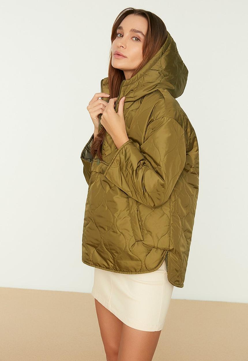 Trendyol - Hooded oversize kangaroo padded jacket - khaki