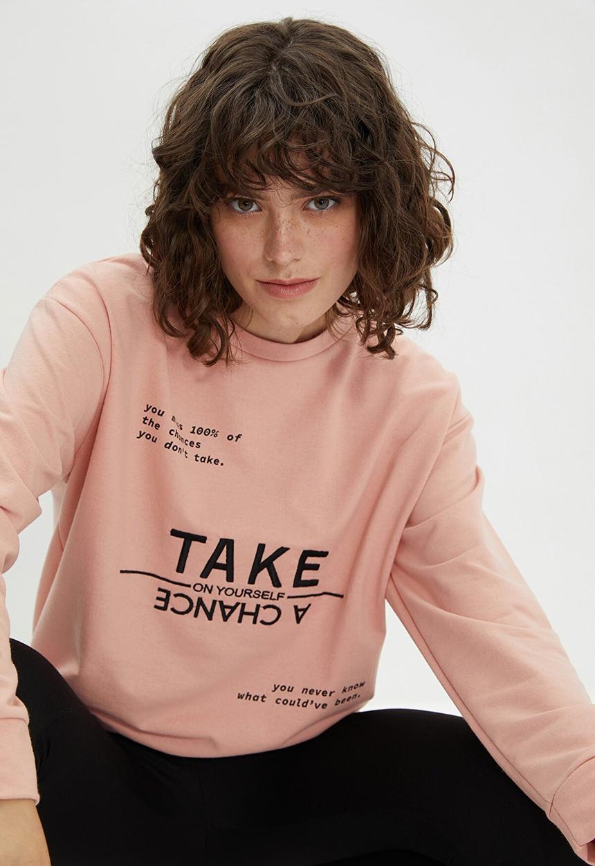 Trendyol - Hooded printed loose slim knitted sweatshirt - powder pink