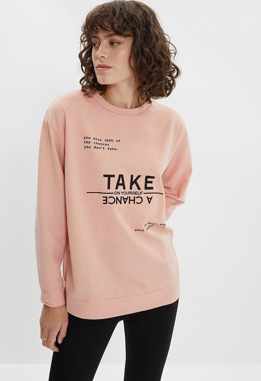 Trendyol - Hooded printed loose slim knitted sweatshirt - powder pink