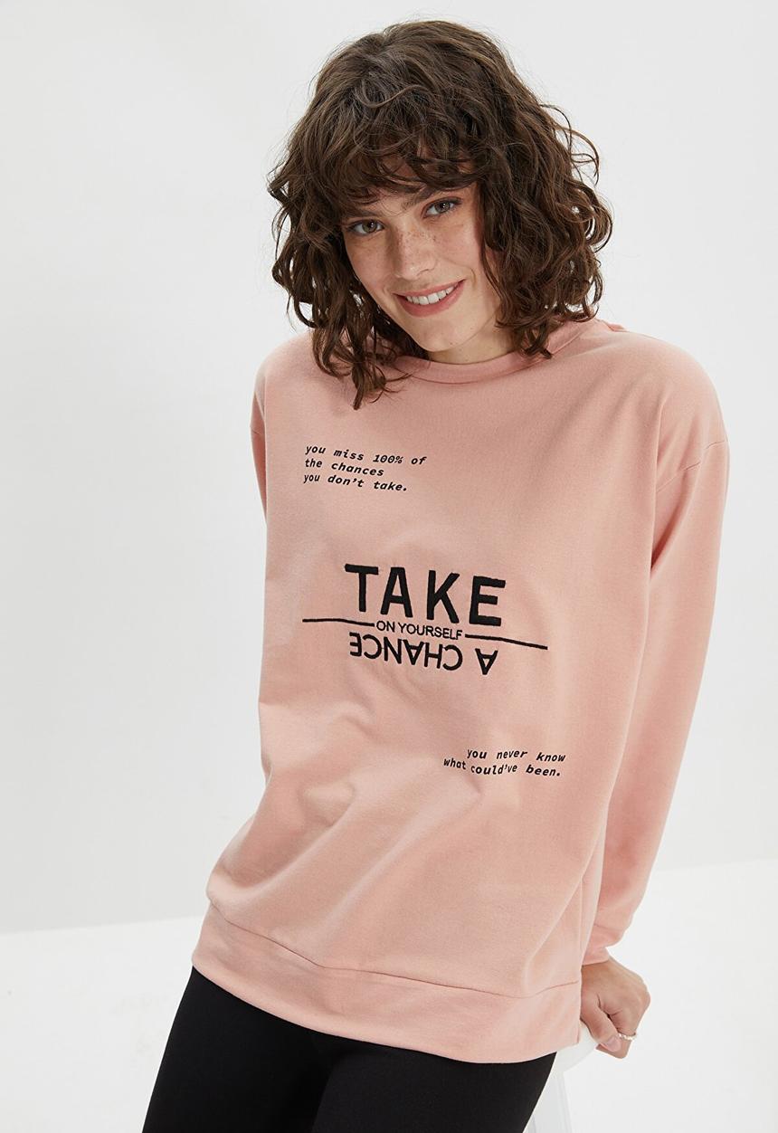 Trendyol - Hooded printed loose slim knitted sweatshirt - powder pink