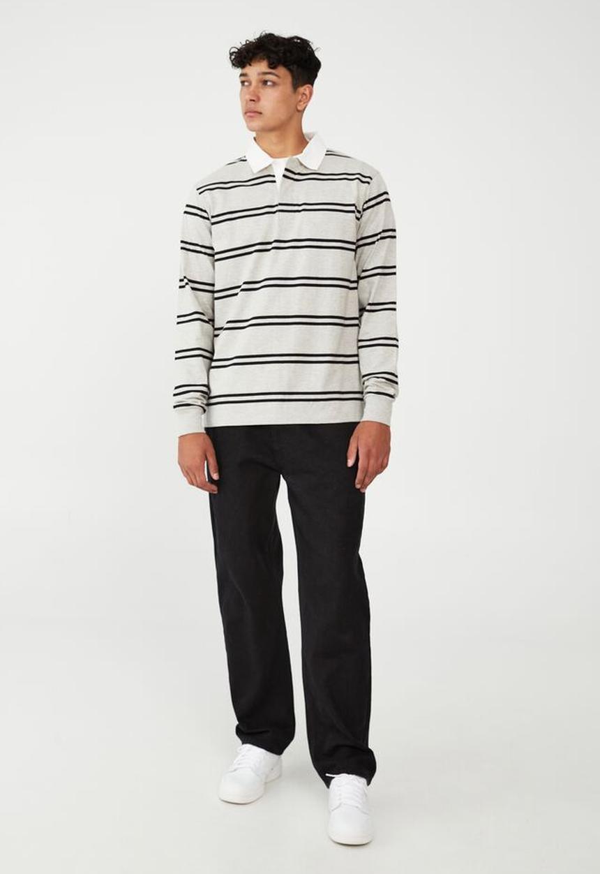 Factorie - Rugby long sleeve polo-light grey marle double stripe