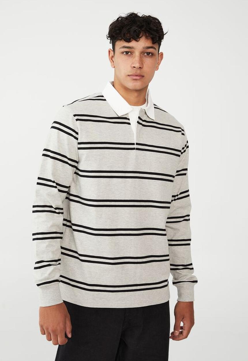 Factorie - Rugby long sleeve polo-light grey marle double stripe