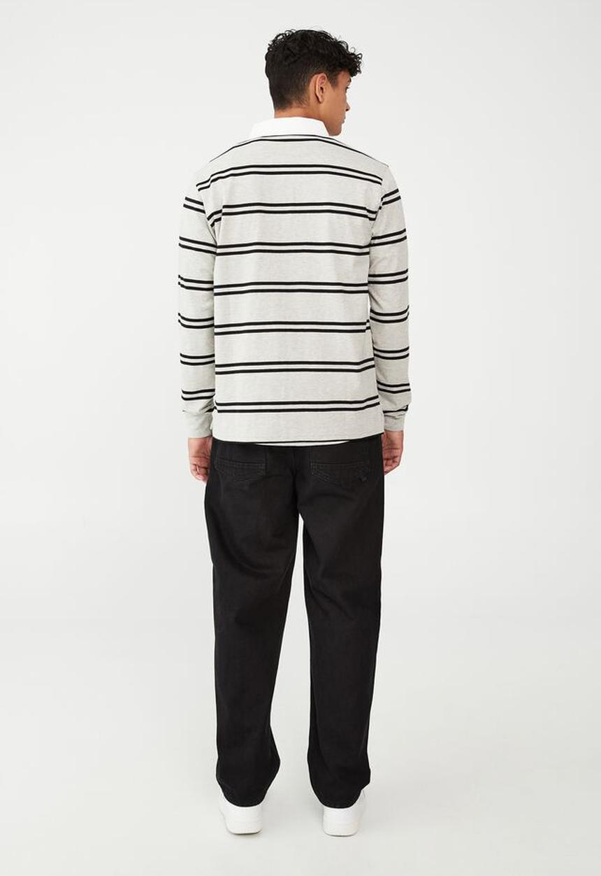 Factorie - Rugby long sleeve polo-light grey marle double stripe