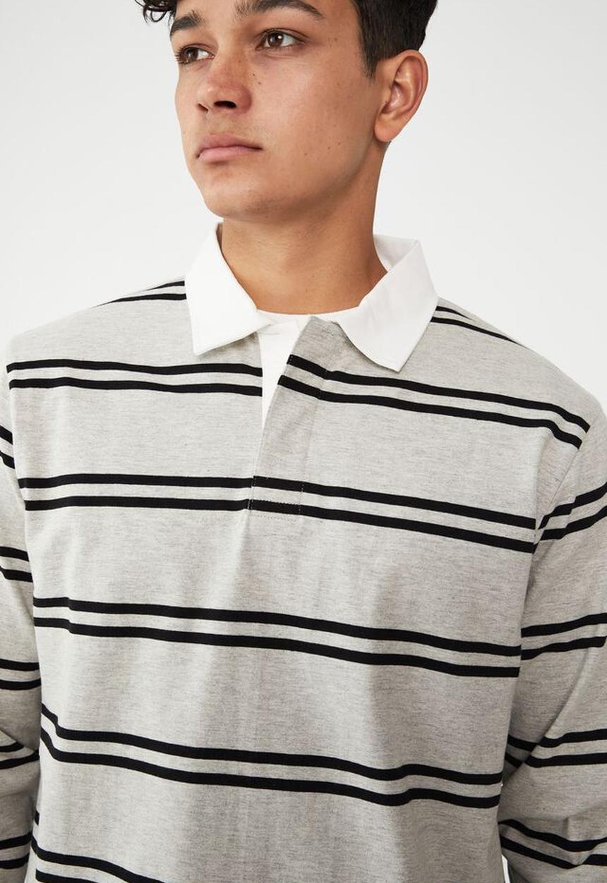 Factorie - Rugby long sleeve polo-light grey marle double stripe