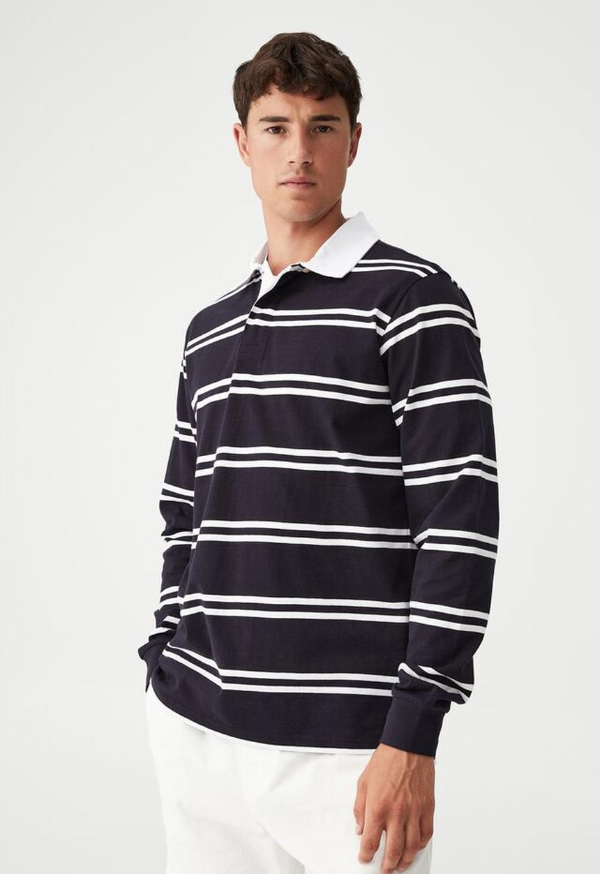 Factorie - Rugby long sleeve polo - ink navy double stripe