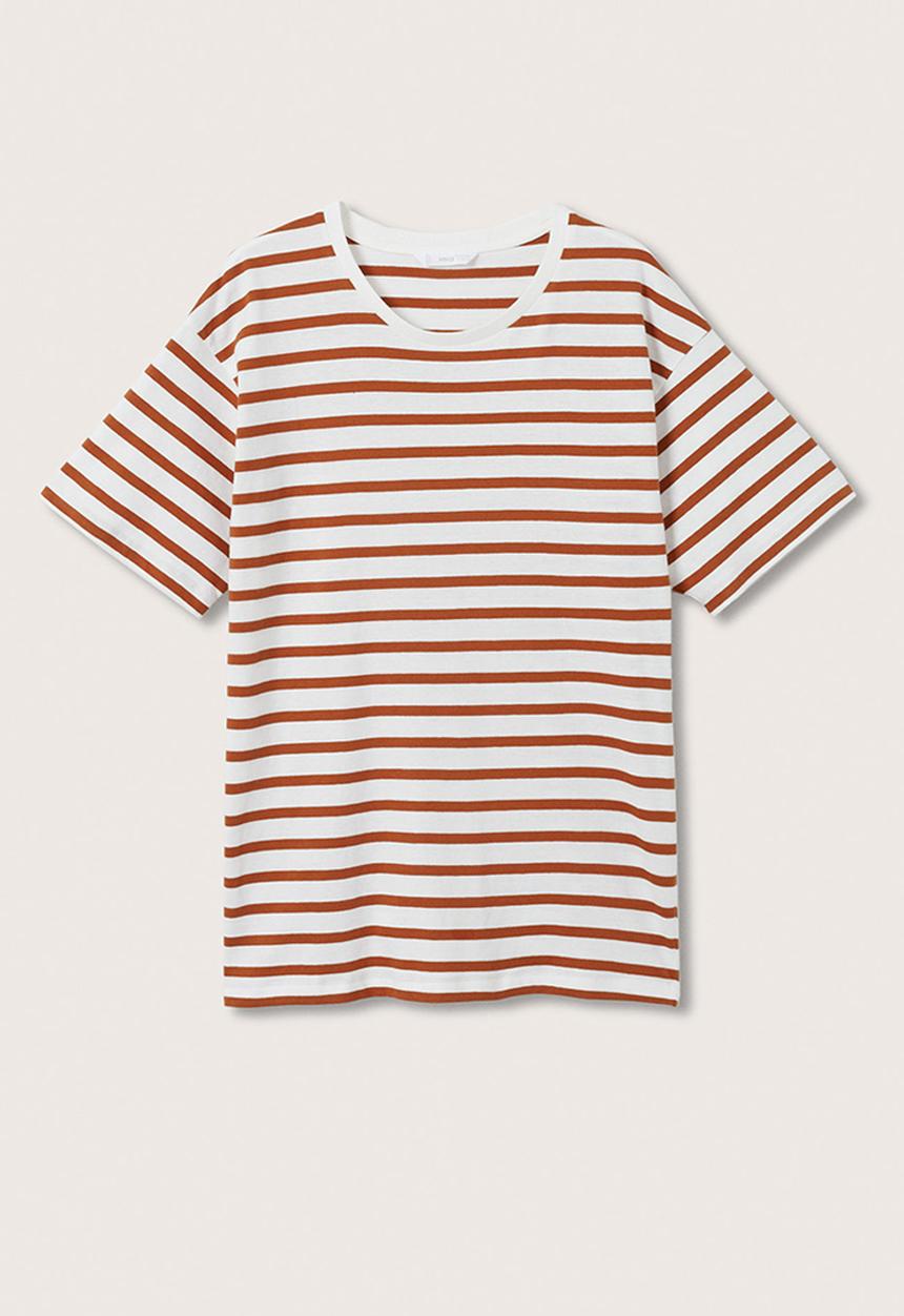 MANGO - T-shirt stripes - white & brown