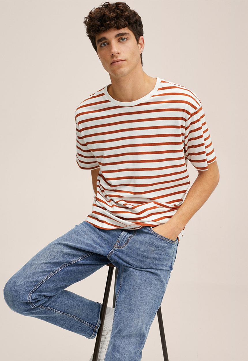 MANGO - T-shirt stripes - white & brown