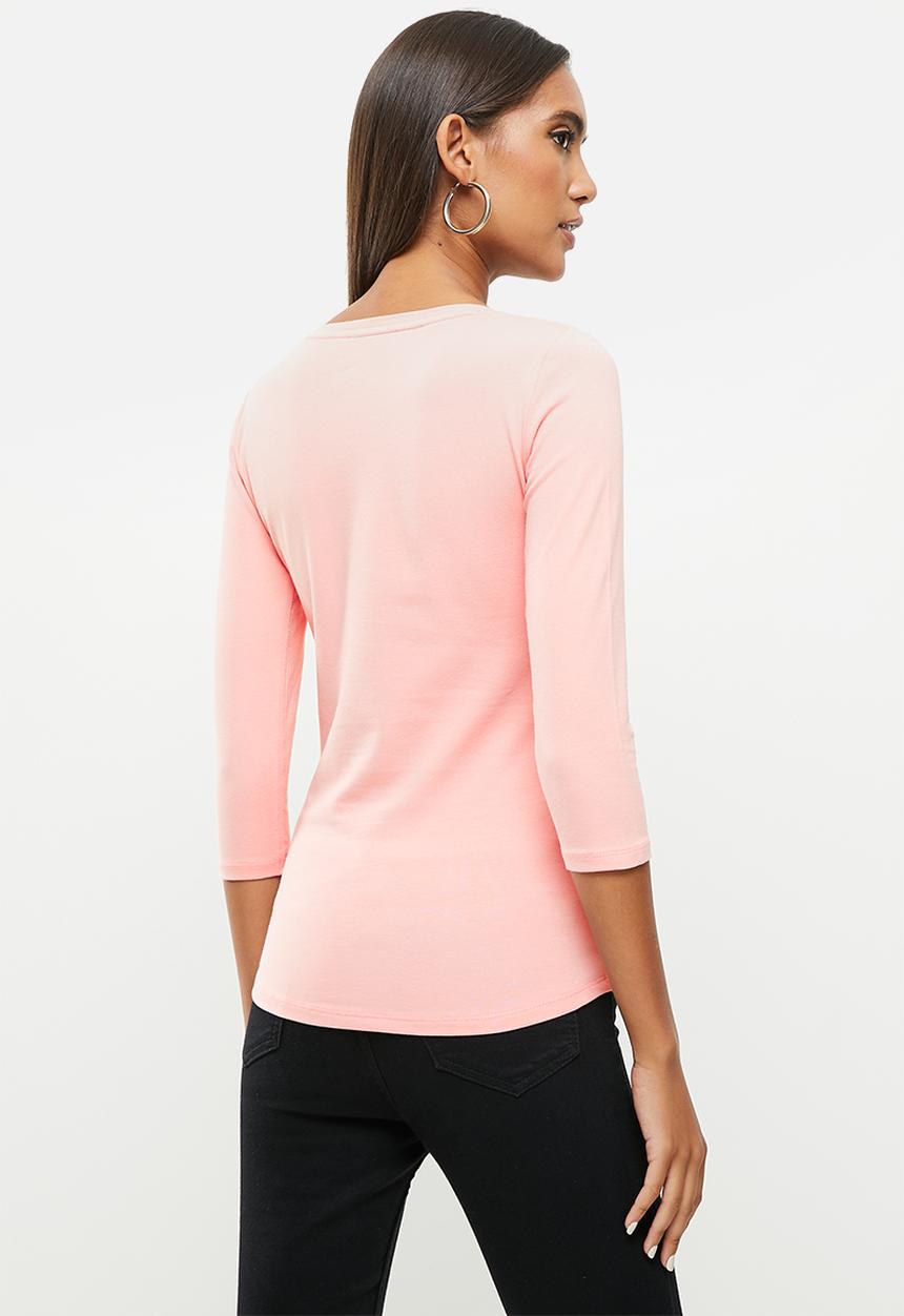 SISSY BOY - Basic round neck, fitted 3/4 sleeve top with mixed foil print and bling logo - dusty pink