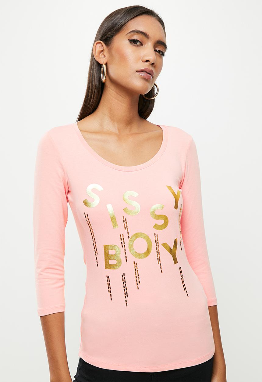 SISSY BOY - Basic round neck, fitted 3/4 sleeve top with mixed foil print and bling logo - dusty pink
