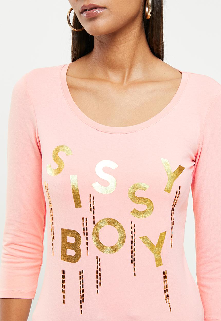 SISSY BOY - Basic round neck, fitted 3/4 sleeve top with mixed foil print and bling logo - dusty pink