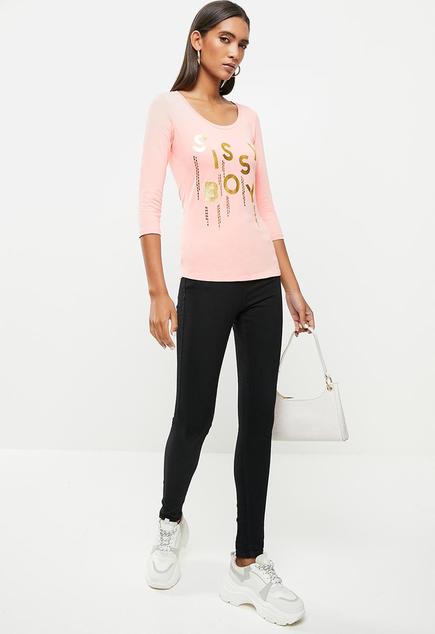 SISSY BOY - Basic round neck, fitted 3/4 sleeve top with mixed foil print and bling logo - dusty pink