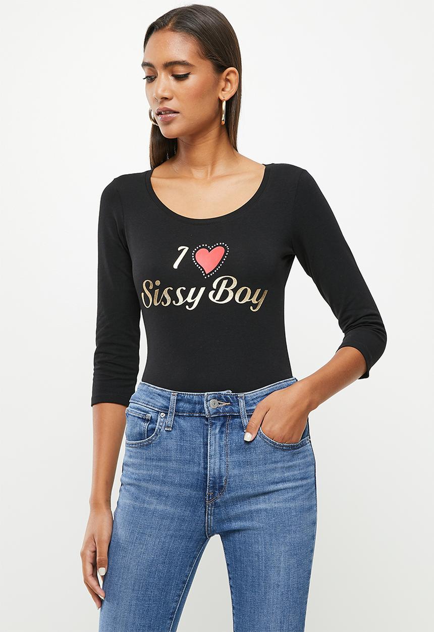 SISSY BOY - Basic round neck fitted 3/4 sleeve top bling logo - black