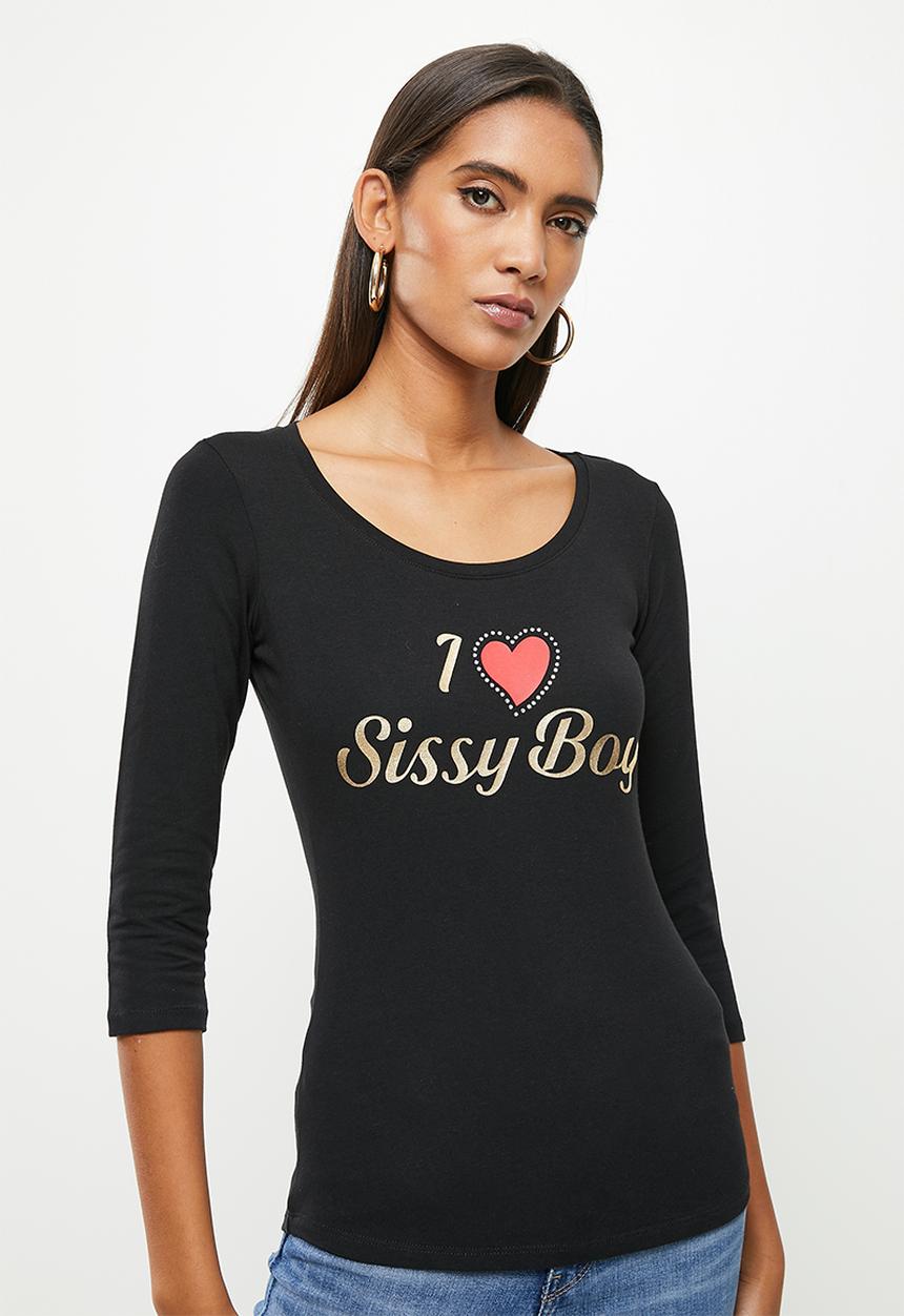 SISSY BOY - Basic round neck fitted 3/4 sleeve top bling logo - black