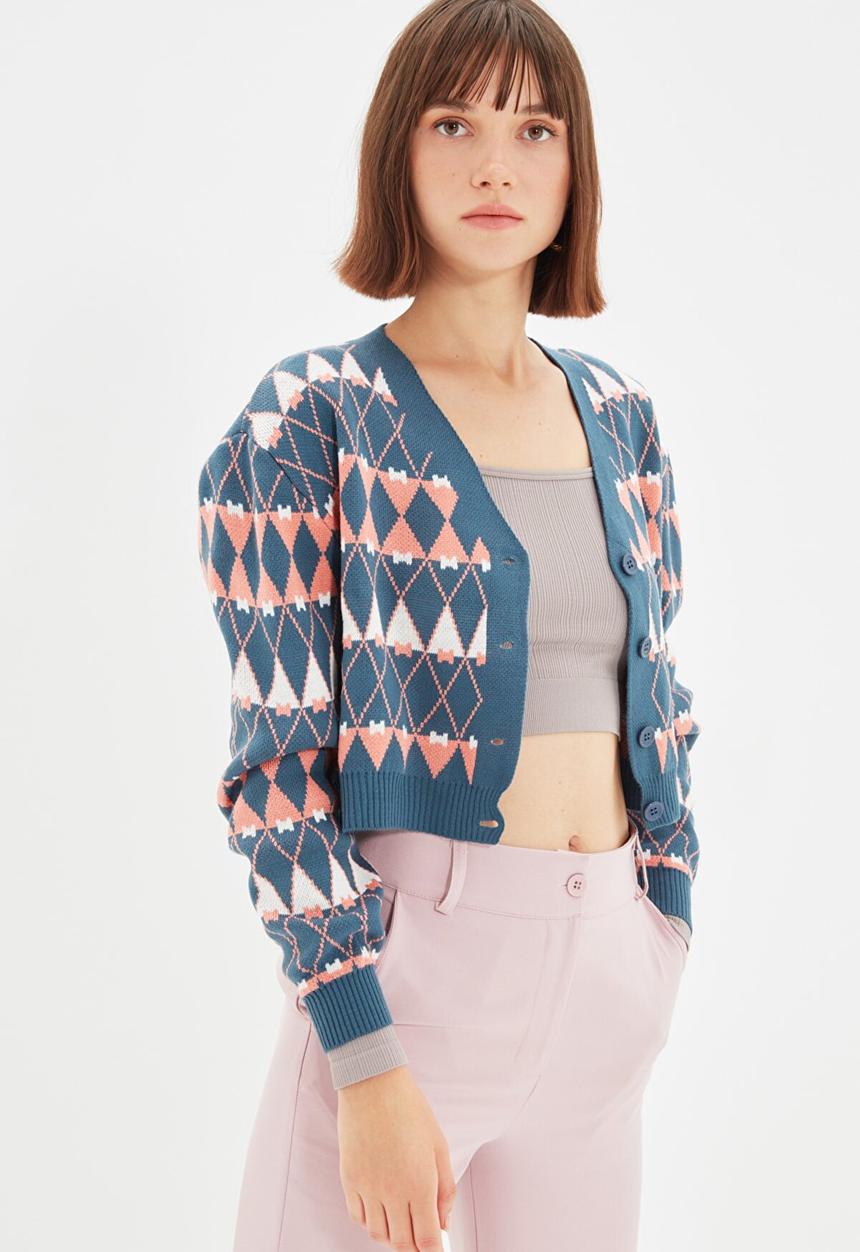 Trendyol - Crop jacquard knitwear cardigan - indigo