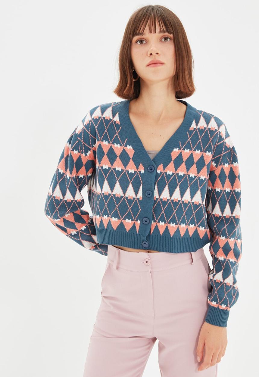Trendyol - Crop jacquard knitwear cardigan - indigo