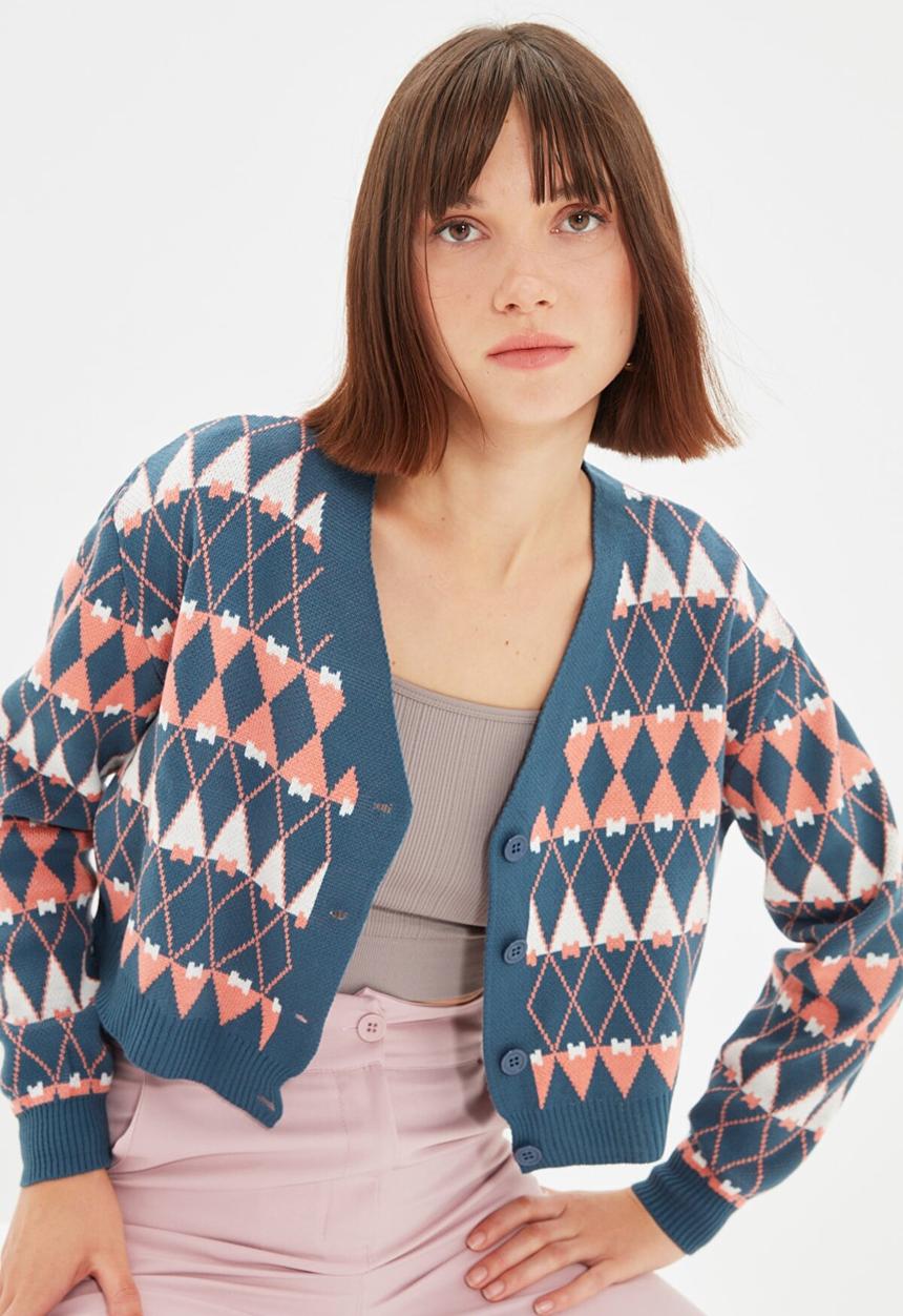 Trendyol - Crop jacquard knitwear cardigan - indigo