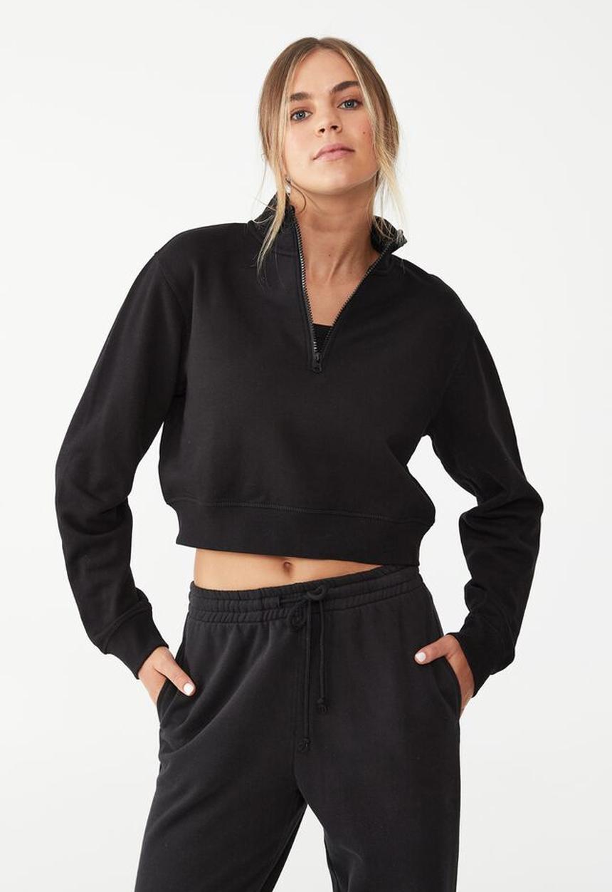 Cotton On - Plush half zip crop long sleeve fleece - black