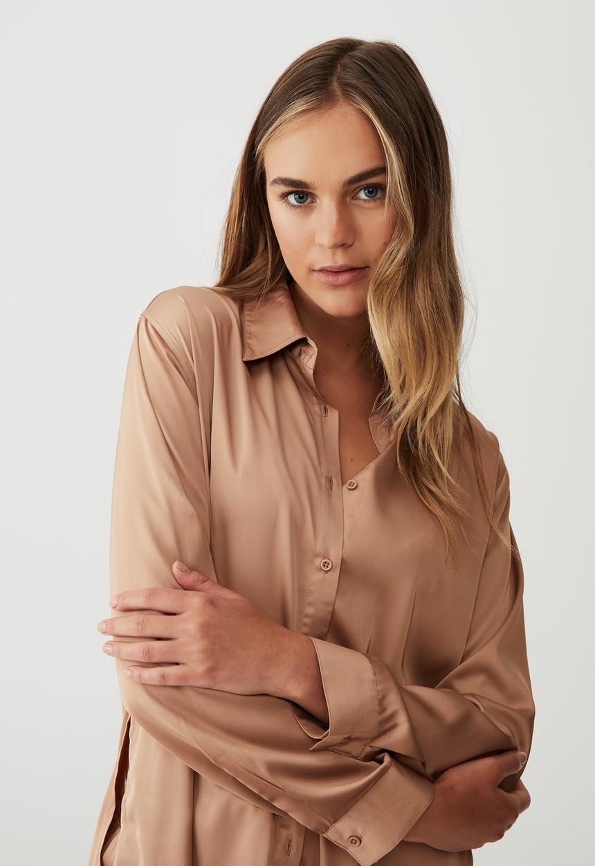 Cotton On - Long sleeve satin sleep shirt - peanut brittle