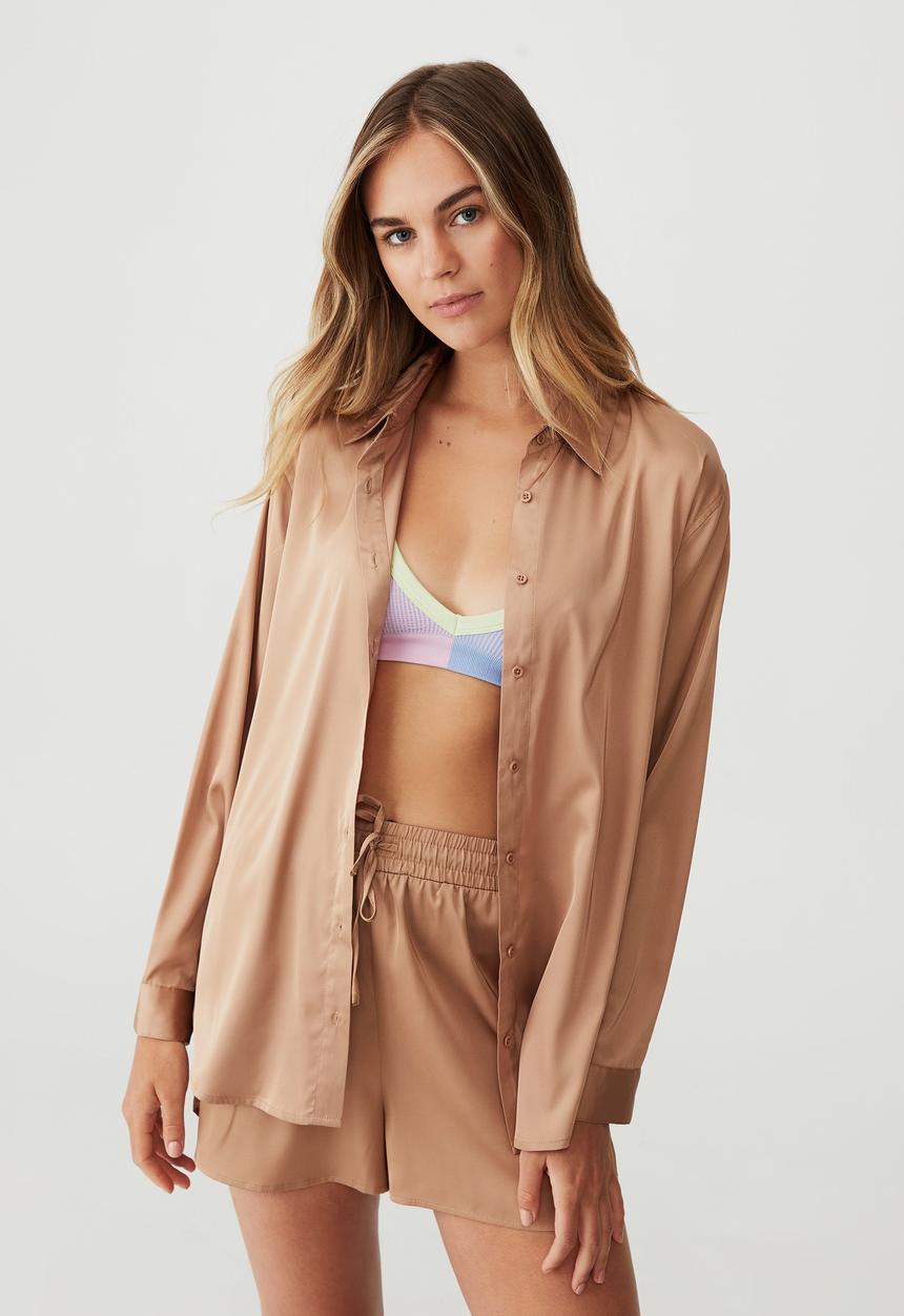 Cotton On - Long sleeve satin sleep shirt - peanut brittle