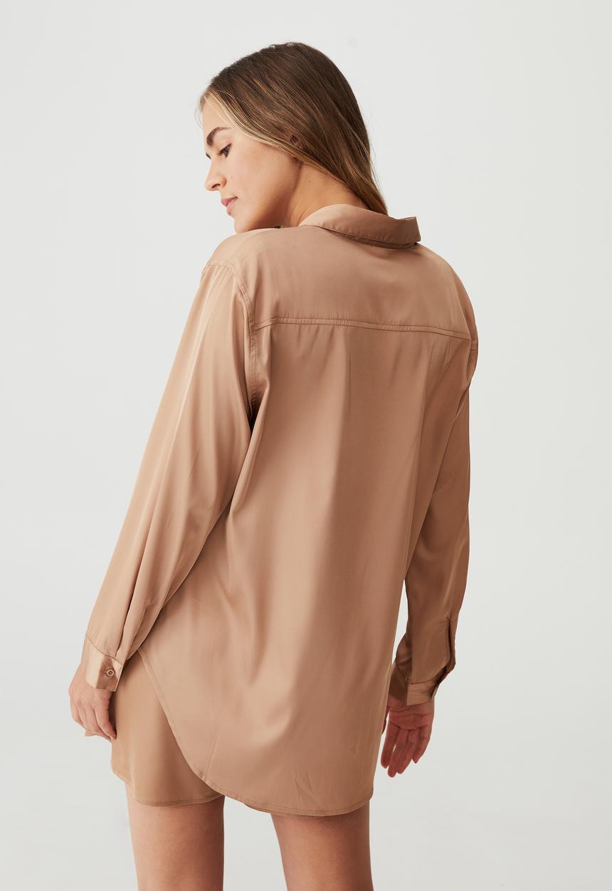 Cotton On - Long sleeve satin sleep shirt - peanut brittle