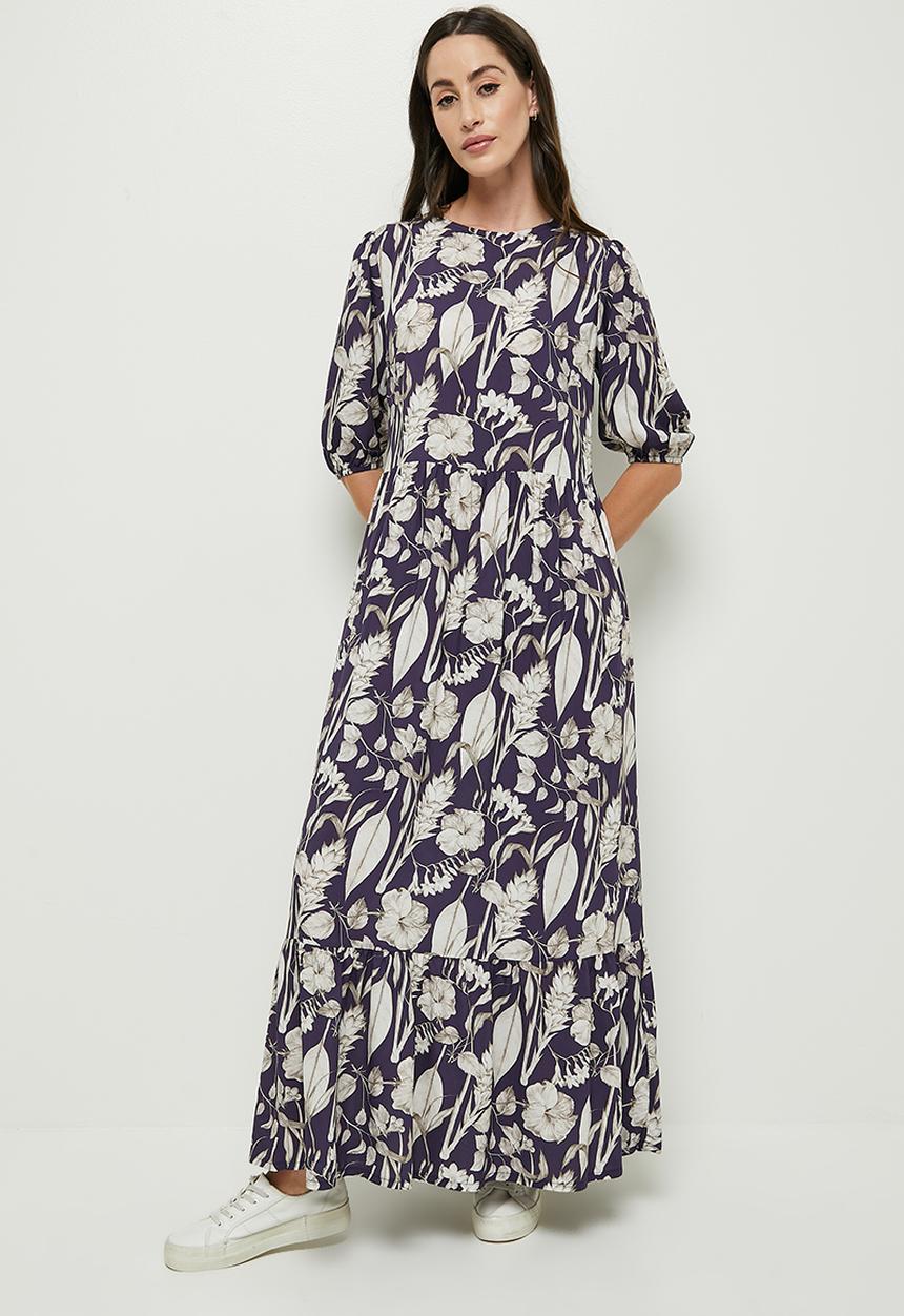 edit - Bellow sleeve tier maxi - navy & stone