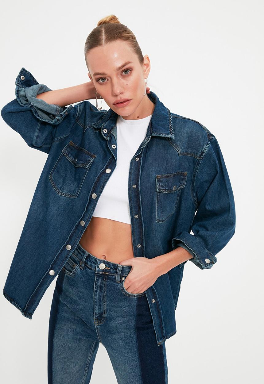 Trendyol - Pocket detailed denim shirt - blue