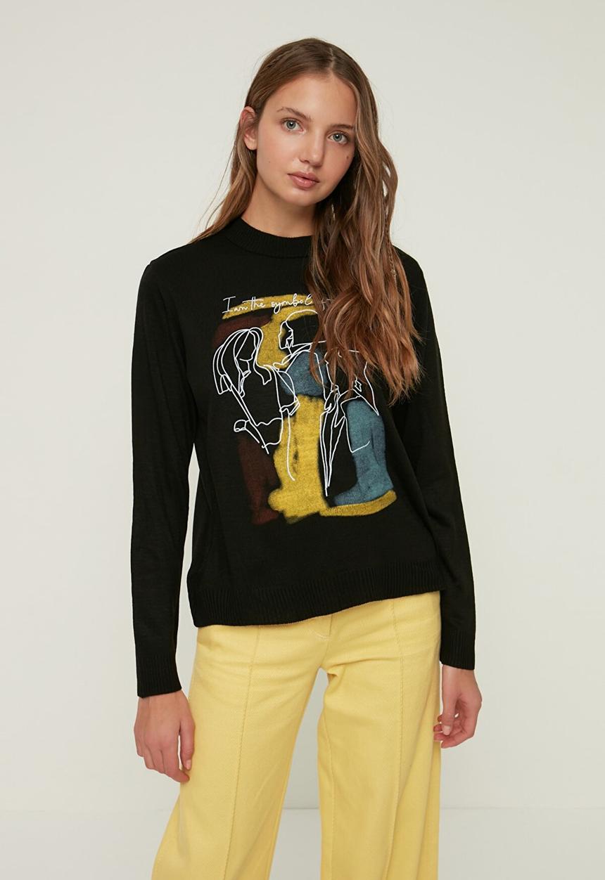 Trendyol - Print detailed knitwear sweater - black