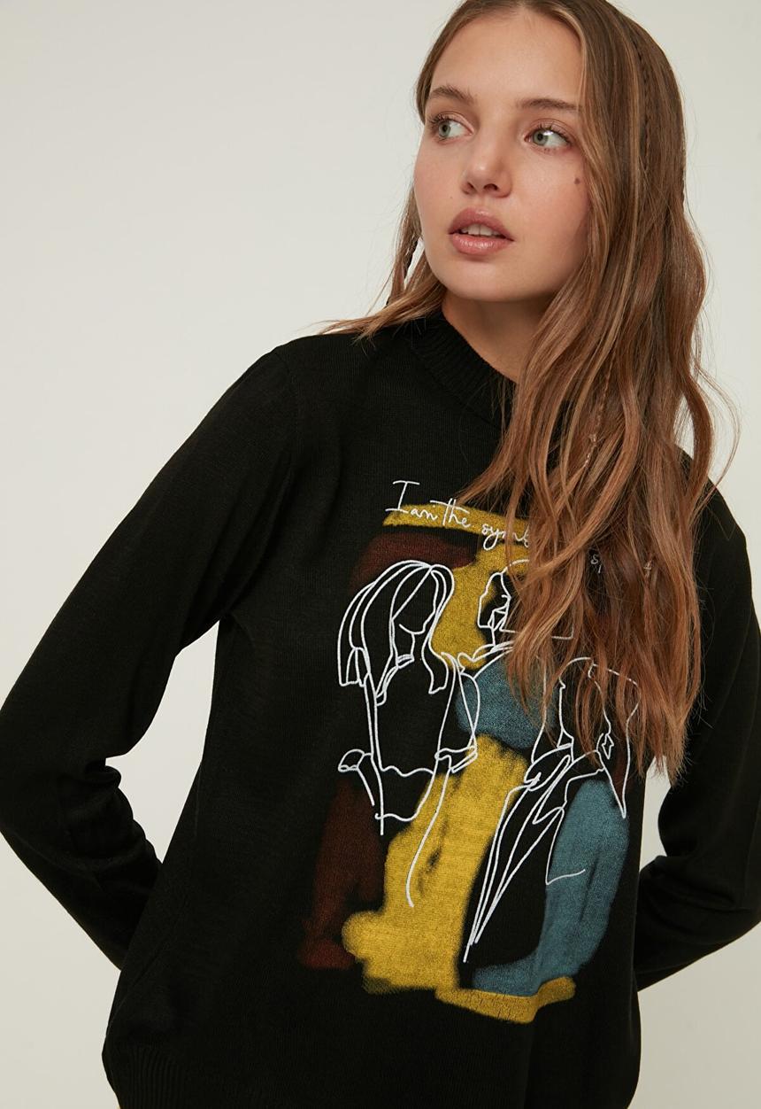 Trendyol - Print detailed knitwear sweater - black